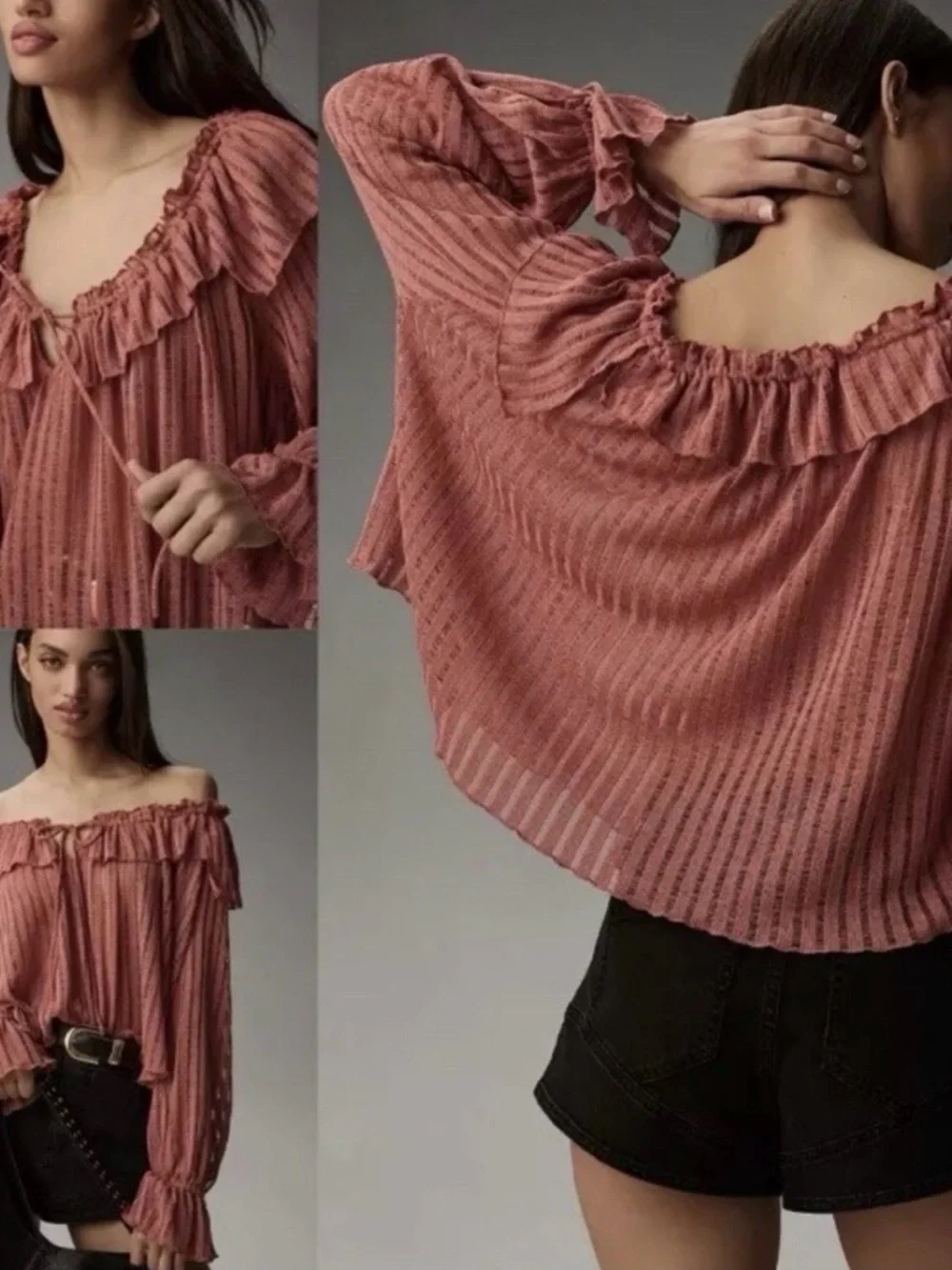 Anthropology Ruffled Off-Shoulder Peasant Blouse - Dusty Rose - Picture 1 of 6